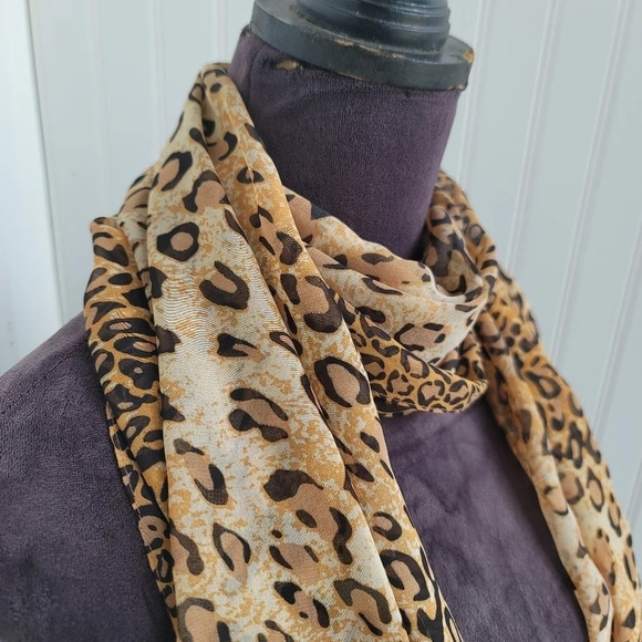 Ladies Sheer Scarf Leopard Cheetah Print Brown Beige Tan - 20" x 60" - Picture 3 of 7